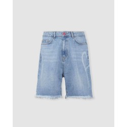 VISION OF SUPER Shorts In Denim Con stampa Laser a Cuore e Fiamme