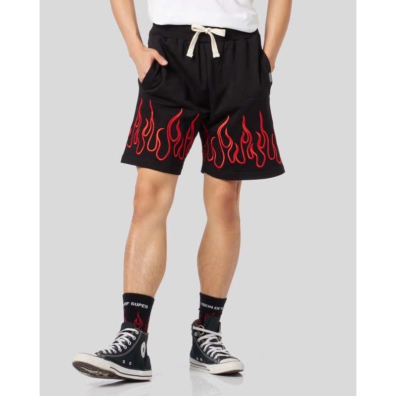 VISION OF SUPER Shorts Nero con Fiamme Rosse Ricamate