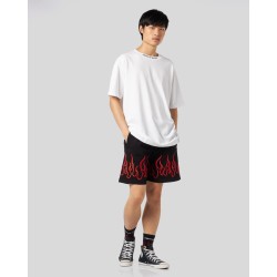 VISION OF SUPER Shorts Nero con Fiamme Rosse Ricamate